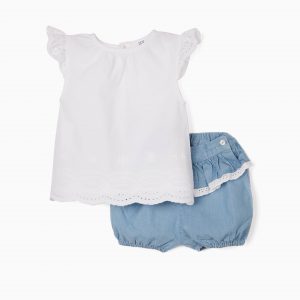 BLUSA BORDADO INGLÉS Y SHORT DE DENIM PARA BEBÉ NIÑA, BLANCO/AZUL