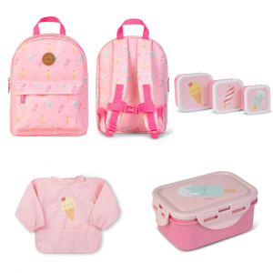 Conjunto especial para guardería de la marca Saro Baby, incluye mochila, babero, botella térmica y portameriendas con diseños monísimos.