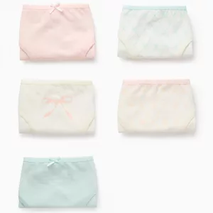 Pack de 5 bragas para niña 'Lazos' en colores blanco, rosa y azul, ropa interior infantil cómoda y suave