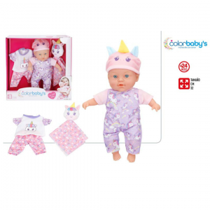 Bebé de tela blandito 32 cm con ropita de unicornio y accesorios, ideal para niños +24 meses.