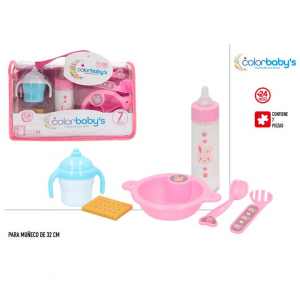 Bolso con 7 accesorios para muñeca bebé, ideal para complementar el juego de imitación.
