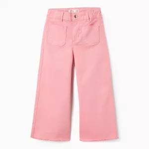 Pantalón rosa para niña, corte Wide Leg, en sarga de algodón con dobladillos deshilachados y cintura ajustable.