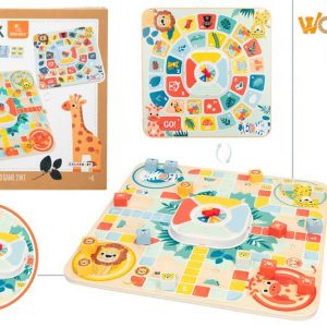 Juego de Parchís y Oca de madera con ilustraciones de animales, ideal para niños y familias.