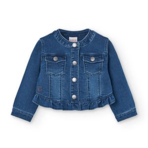 Cazadora vaquera elástica para niña con bolsillos y volantes