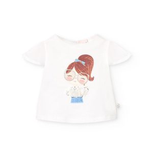 Camiseta blanca de manga corta para niña con volantes de seda y estampado chic