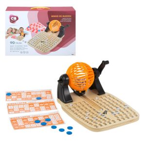 Bingo de madera con accesorios, juego de mesa familiar con bombo y cartones.