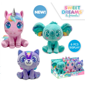Peluches Sweet Dreams unicornio, gato y koala en expositor