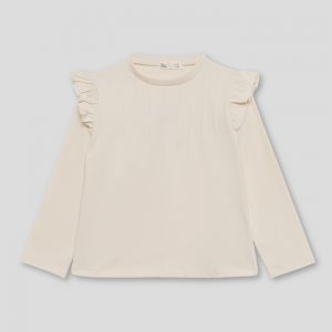 Camiseta beige para niña con volantes y pliegues decorativos