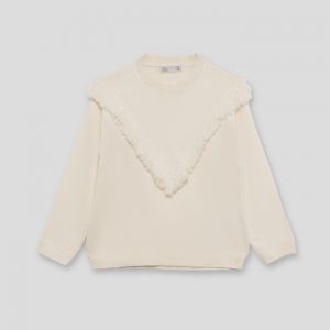 Jersey de punto beige con flecos para niña