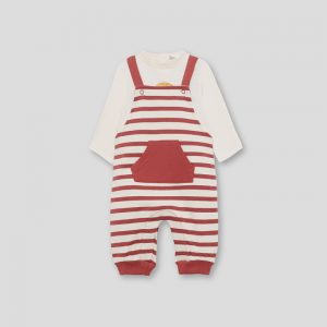 Conjunto de peto y camiseta para recién nacido niño con rayas teja y estampado de león. Tallas de 1 a 24 meses.