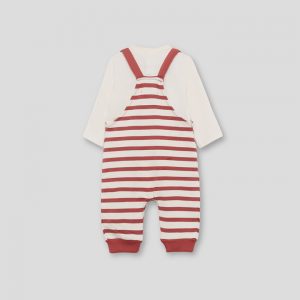 Conjunto de peto y camiseta para recién nacido niño con rayas teja y estampado de león. Tallas de 1 a 24 meses.