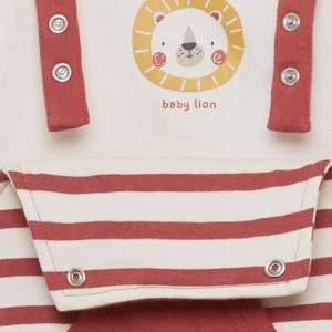Conjunto de peto y camiseta para recién nacido niño con rayas teja y estampado de león. Tallas de 1 a 24 meses.