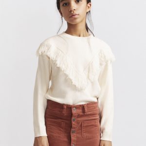Jersey de punto beige con flecos para niña