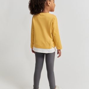 Conjunto niña con sudadera maíz y leggings grises, estampado de elefante y volantes