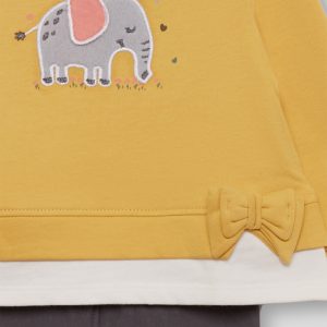 Conjunto niña con sudadera maíz y leggings grises, estampado de elefante y volantes