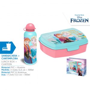 Pack infantil Frozen con botella de aluminio y sandwichera con diseño de Elsa y Anna