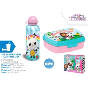 Pack infantil de La Casa de Gabby con botella de aluminio y sandwichera a juego