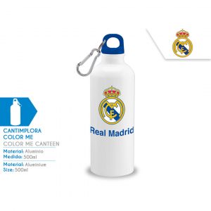 Botella de aluminio blanca Real Madrid con tapón azul enroscable