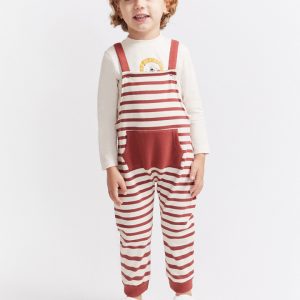 Conjunto de peto y camiseta para recién nacido niño con rayas teja y estampado de león. Tallas de 1 a 24 meses.