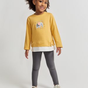 Conjunto niña con sudadera maíz y leggings grises, estampado de elefante y volantes