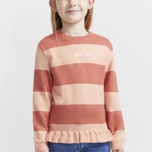Jersey niña con rayas rosa claro y coral, cuello redondo y volante decorativo