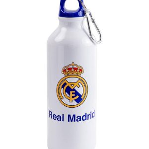 Botella de aluminio blanca Real Madrid con tapón azul enroscable
