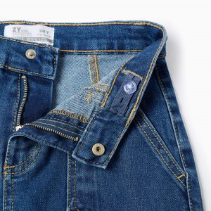 Vaqueros niña pierna ancha azul con costuras en relieve y cintura ajustable