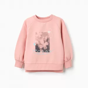 Sudadera perchada niña naranja salmón con estampado frontal y mangas raglán