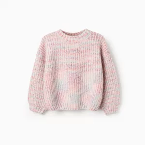 Jersey niña punto grueso multicolor con escote redondo y bordes acanalados
