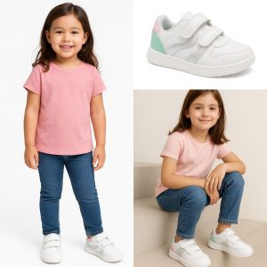Zapatilla deportiva para niña en color blanco con velcro, detalles en rosa y verde, ideal para el día a día.