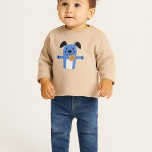 Camiseta bebé niño manga larga beige con perro Blue Seven