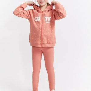 Conjunto niña sudadera leggings con cremallera Cute Kitty. Sudadera maquillaje con lunares y detalles en relieve, más leggings lisos cómodos. Ideal para meses fríos.