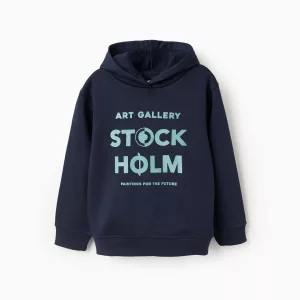 udadera perchada azul oscuro con capucha para niño, interior suave y certificado Oeko-Tex Standard 100.