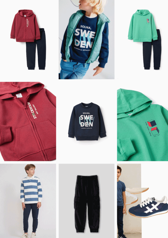 Ropa infantil de vuelta al cole en algodón: chándales, vaqueros, sudaderas y deportivas económicas para niños.