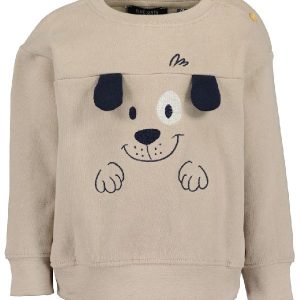 Sudadera de bebé color beige con diseño de perrito, orejas móviles, ojo negro y ojo blanco más grande, tejido felpado suave, cuello redondo y botones en el hombro interior.