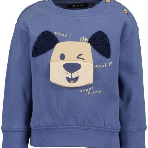 Sudadera bebé azul con perrito, orejitas y hocico levantable, 100% algodón felpudo, manga larga y cuello con botones.